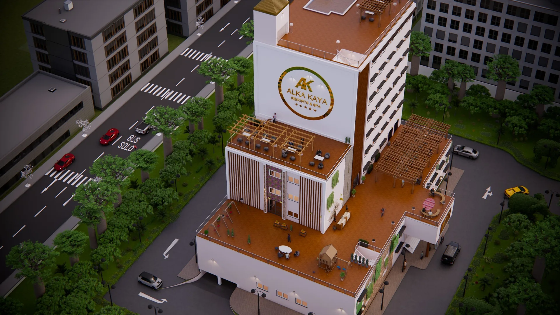 Aerial exterior render of a hospitality tower with timber-toned rooftop terraces and landscaped streets