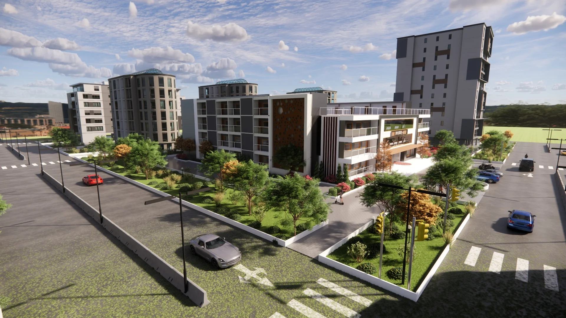 Wide elevated exterior visualization of a residential hostel development with landscaped grounds and a central entrance
